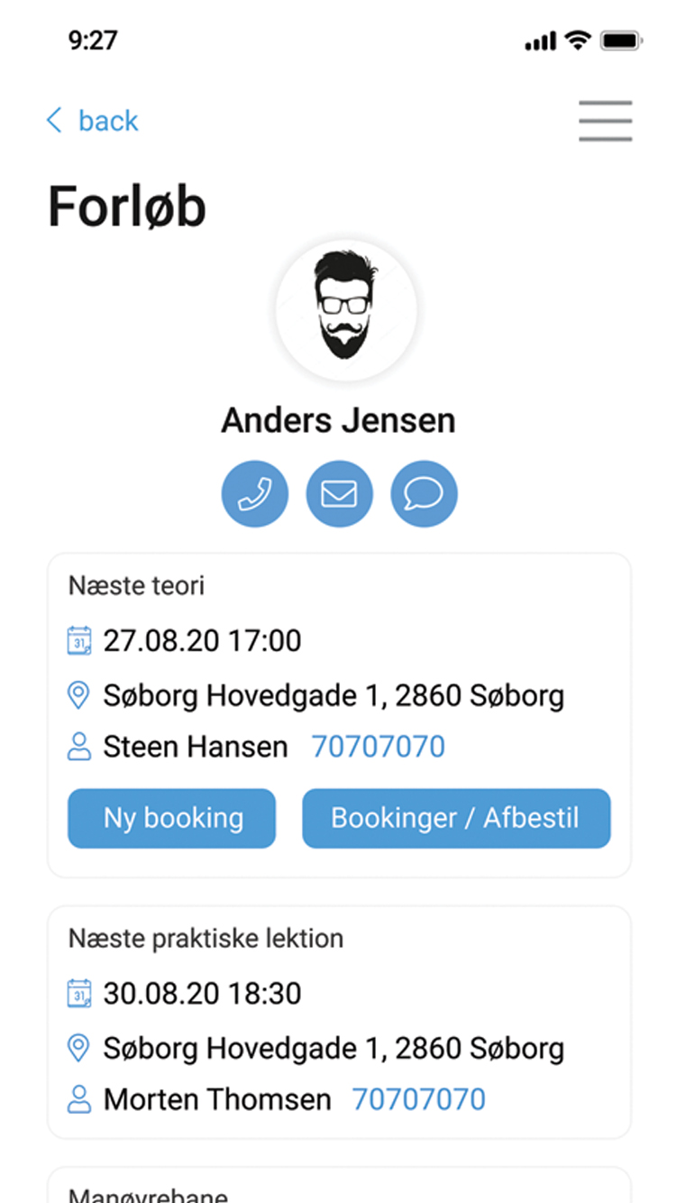 Alliance-app med overblik over elevens kørekortforløb.