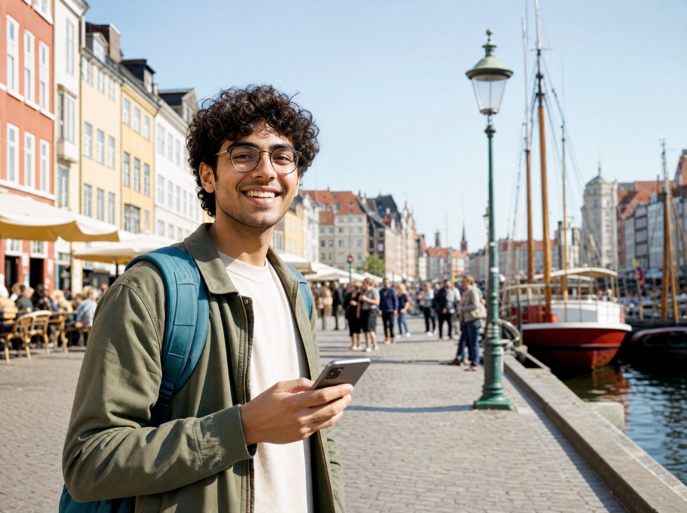 A smiling international student on a Copenhagen street holding a phone.