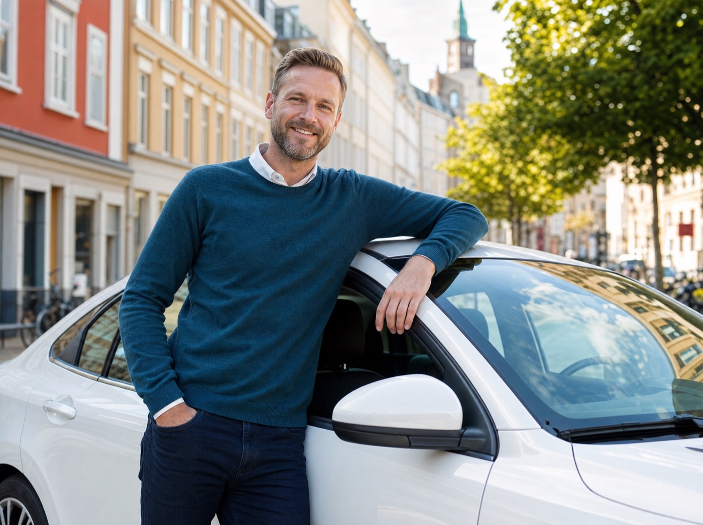 Kørelærer læner sig op ad en skolevogn og smiler på en gade i København.