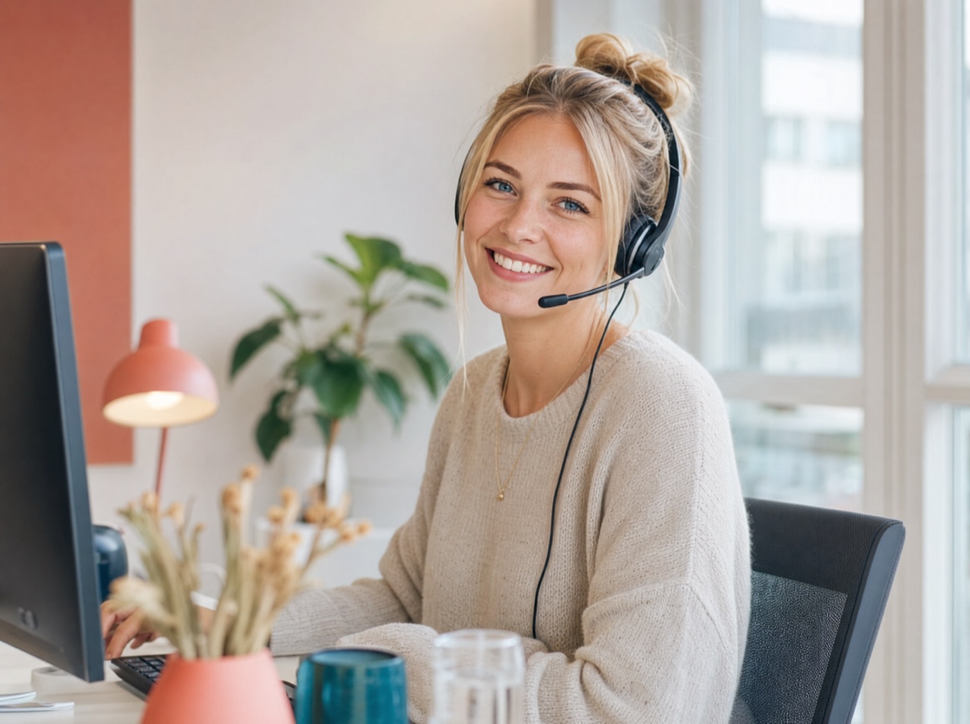 Venlig rådgiver med headset smiler ved sit skrivebord.