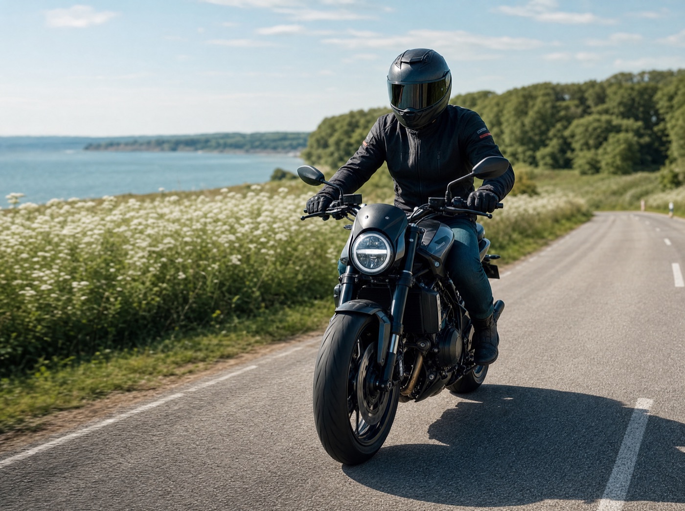 Motorcyklist i sikkerhedsudstyr kører på en solbeskinnet dansk landevej.